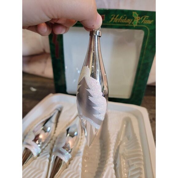 Holiday time silver blown glass tree glitter abstract long ornament Xmas decor - Picture 8 of 8